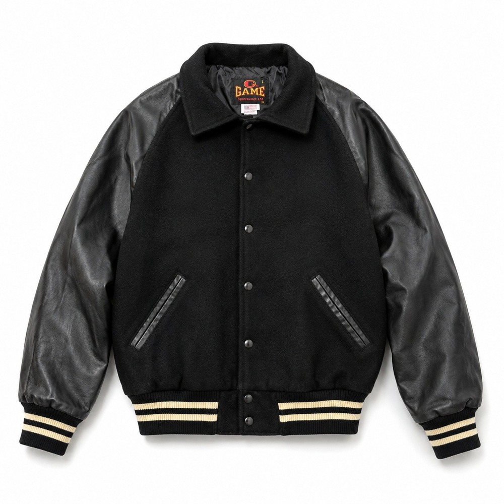 Vintage Game Sportswear Varsity Jacket Mens Large Black Wool Leather USA Made